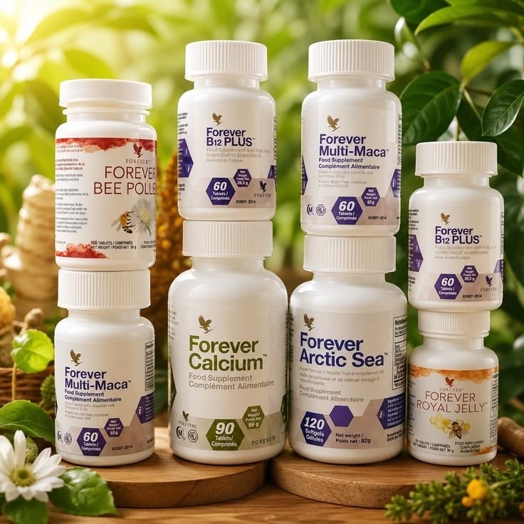 A selection of Forever Living nutritional supplements including Bee Pollen, B12 Plus, Multi-Maca, Calcium, Arctic Sea and Royal Jelly