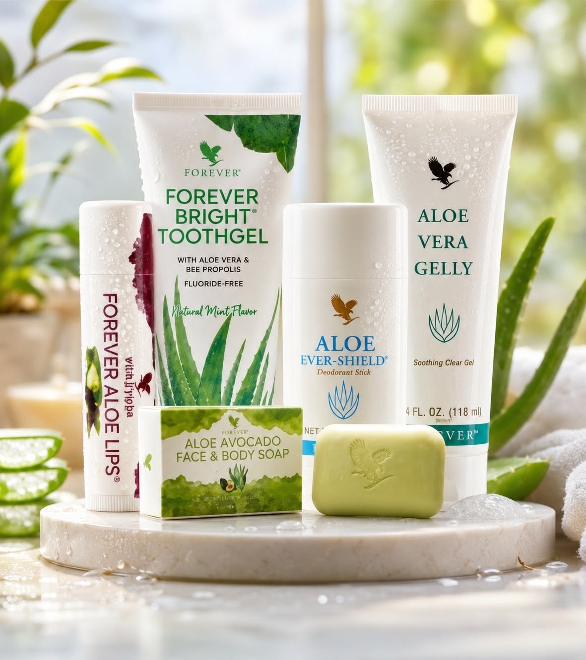 Forever Aloe Lips, Forever Bright Toothgel, Aloe Ever-Shield deodorant, Aloe Avocado Face & Body Soap and Aloe Vera Gelly